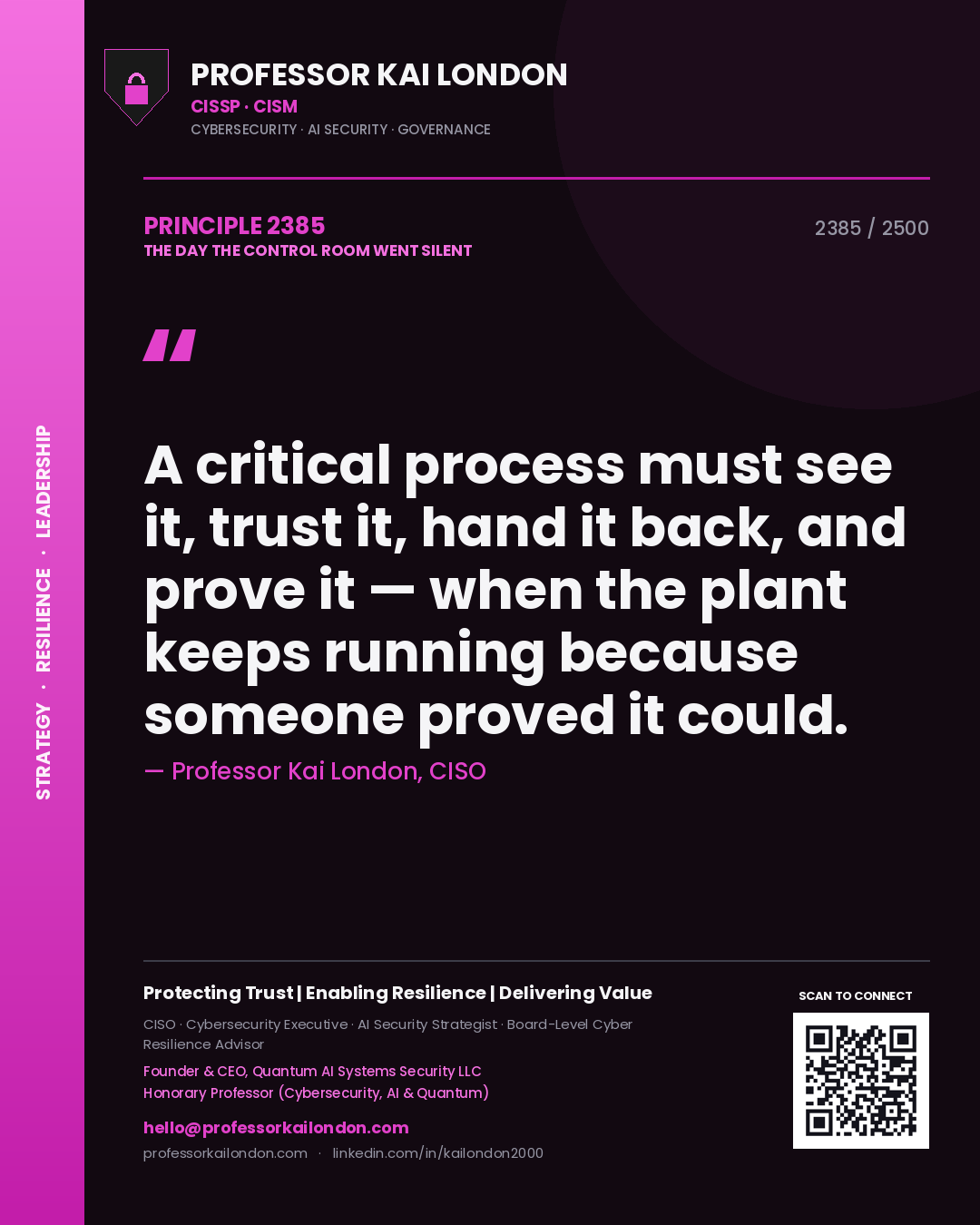 Professor Kai London principle 2385: A critical process must see it, trust it, hand it back, and prove it — when the plant keeps running because someone proved it could.