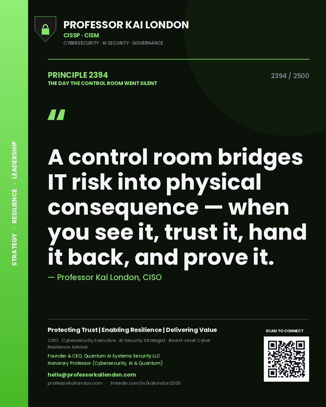 Professor Kai London principle 2394: A control room bridges IT risk into physical consequence — when you see it, trust it, hand it back, and prove it.