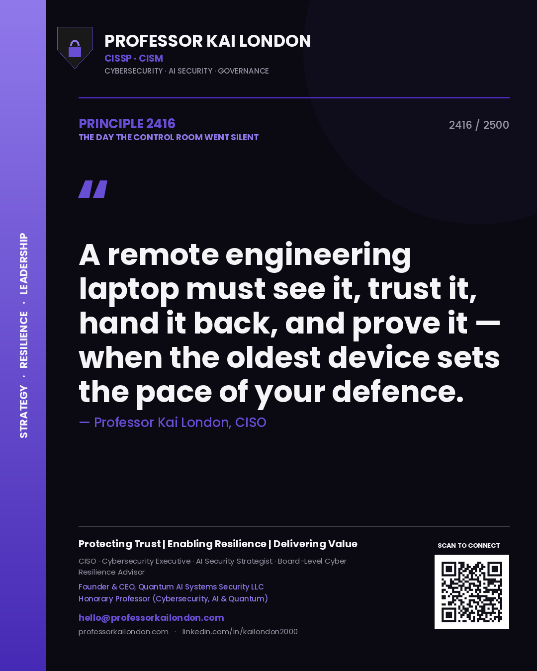 Professor Kai London principle 2416: A remote engineering laptop must see it, trust it, hand it back, and prove it — when the oldest device sets the pace of your defence.