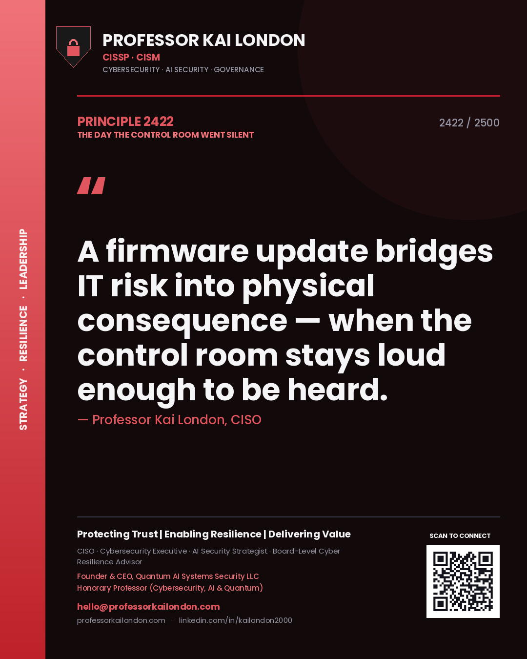 Quote card by Professor Kai London reading 'A firmware update bridges IT risk into physical consequence — when the control room stays loud enough to be heard.'. From the book The Day the Control Room Went Silent.