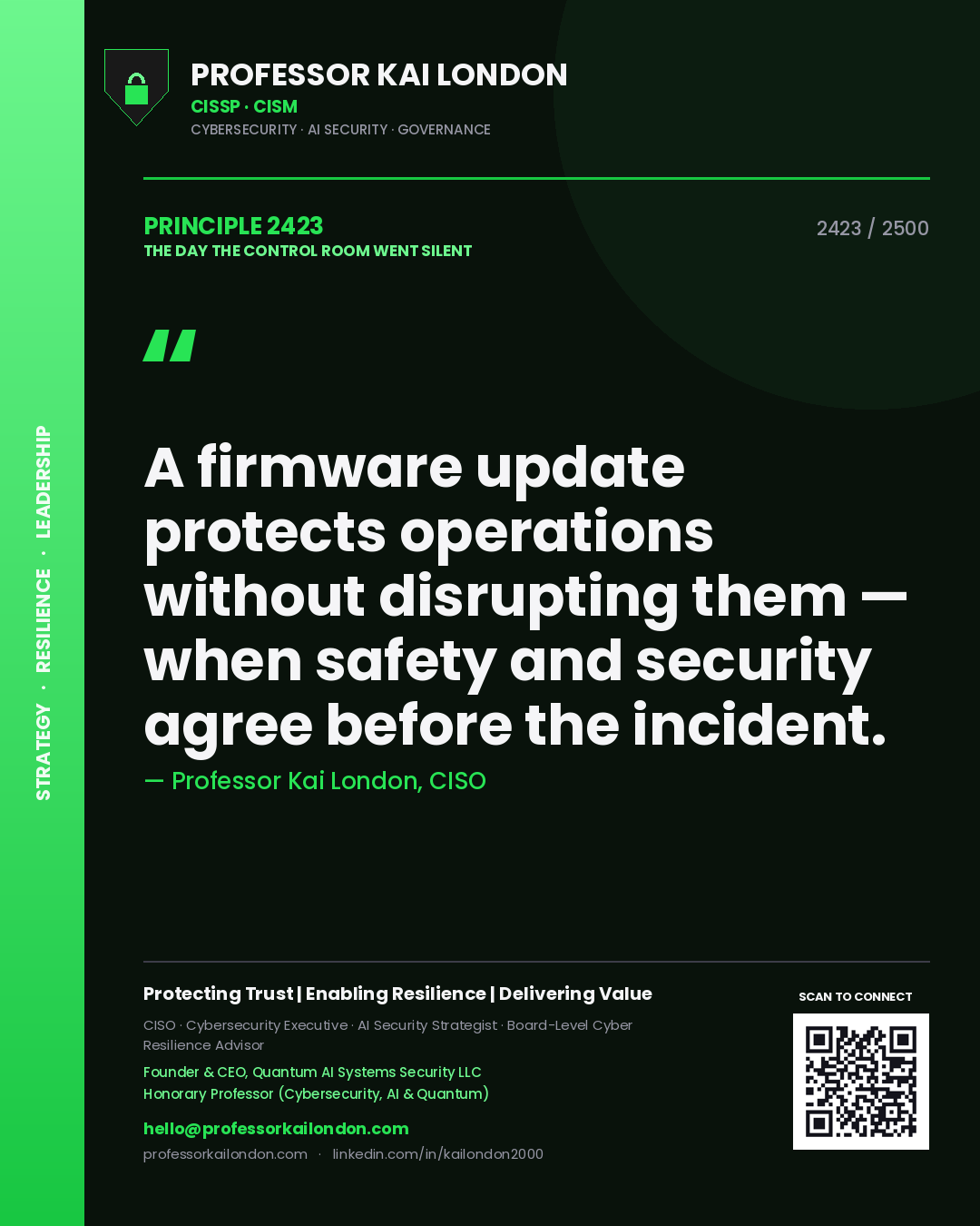 Professor Kai London principle 2423: A firmware update protects operations without disrupting them — when safety and security agree before the incident.