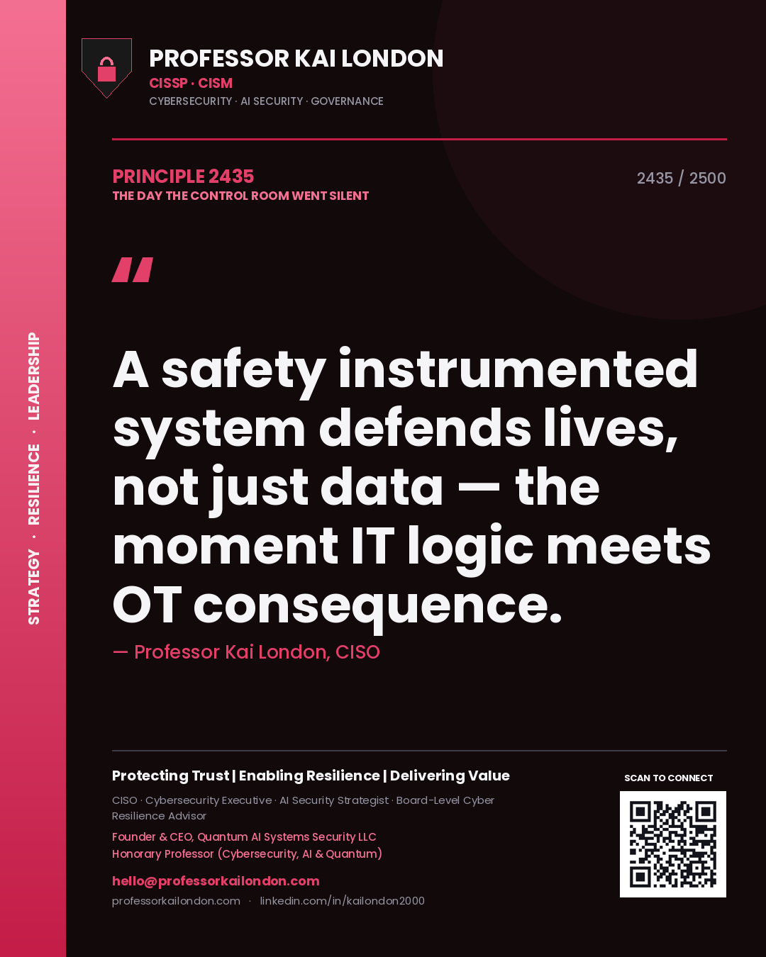 Quote card by Professor Kai London reading 'A safety instrumented system defends lives, not just data — the moment IT logic meets OT consequence.'. From the book The Day the Control Room Went Silent.