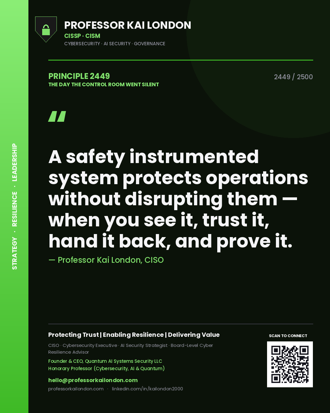 Professor Kai London principle 2449: A safety instrumented system protects operations without disrupting them — when you see it, trust it, hand it back, and prove it.
