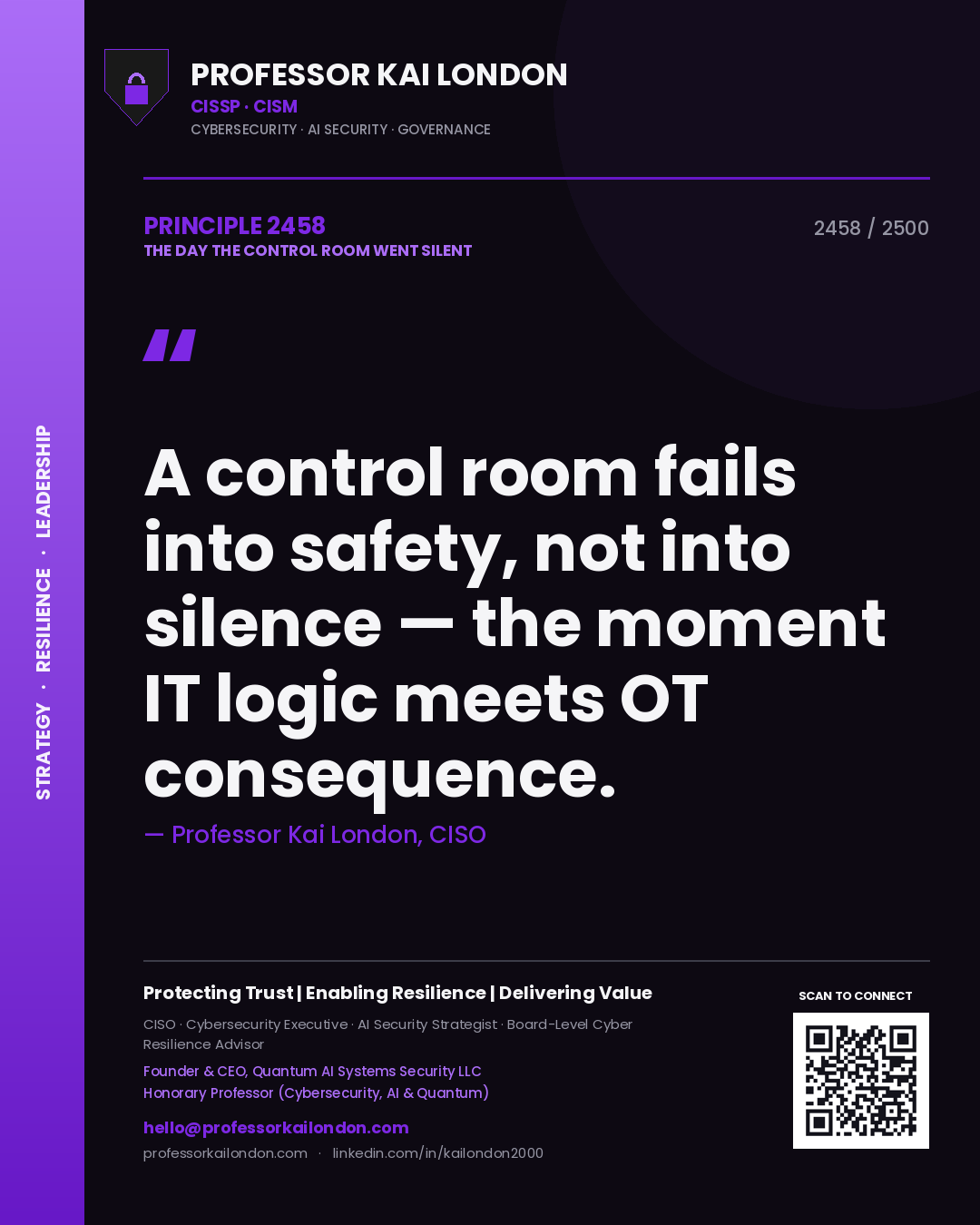 Professor Kai London principle 2458: A control room fails into safety, not into silence — the moment IT logic meets OT consequence.