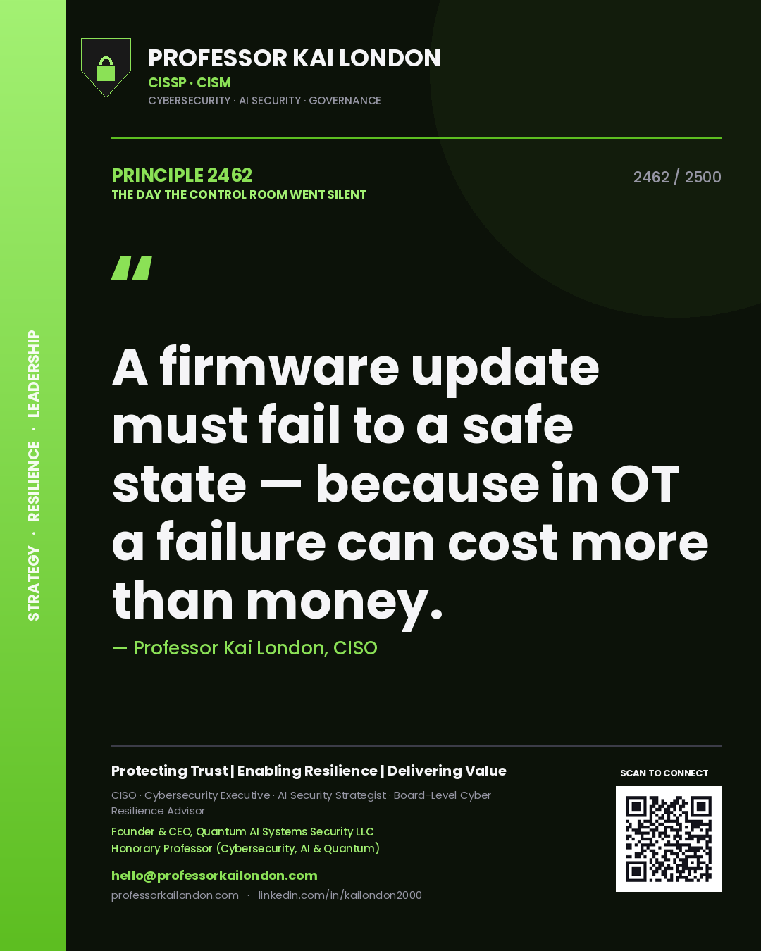 Quote card by Professor Kai London reading 'A firmware update must fail to a safe state — because in OT a failure can cost more than money.'. From the book The Day the Control Room Went Silent.