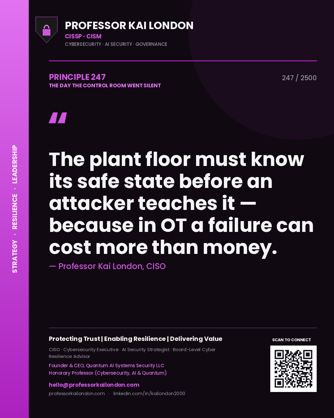 Professor Kai London principle 247: The plant floor must know its safe state before an attacker teaches it — because in OT a failure can cost more than money.