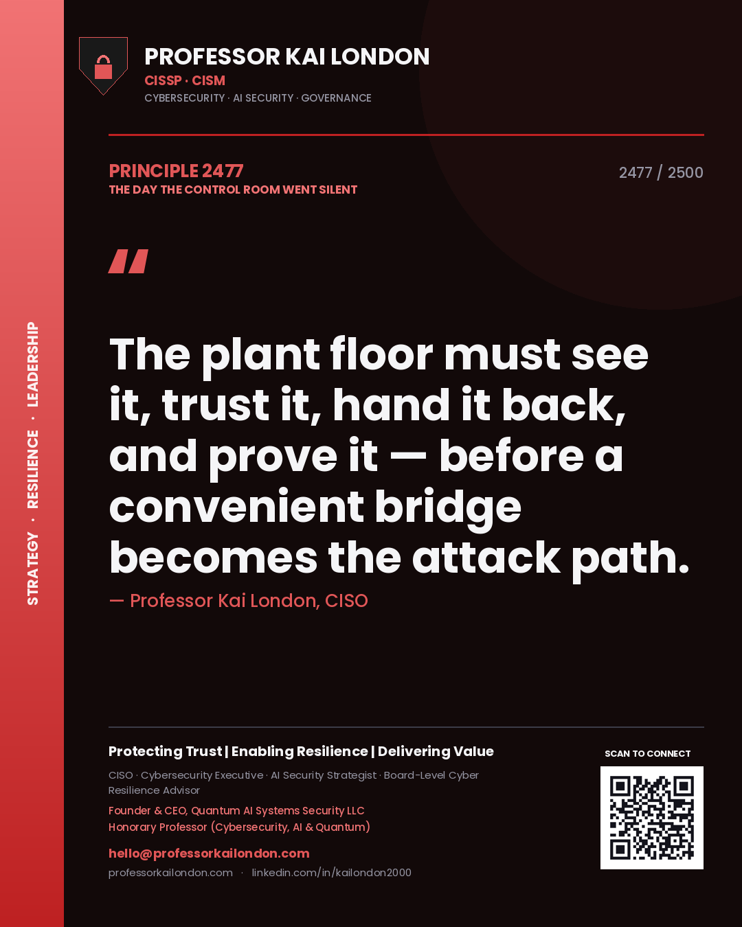 Quote card by Professor Kai London reading 'The plant floor must see it, trust it, hand it back, and prove it — before a convenient bridge becomes the attack path.'. From the book The Day the Control Room Went Silent.