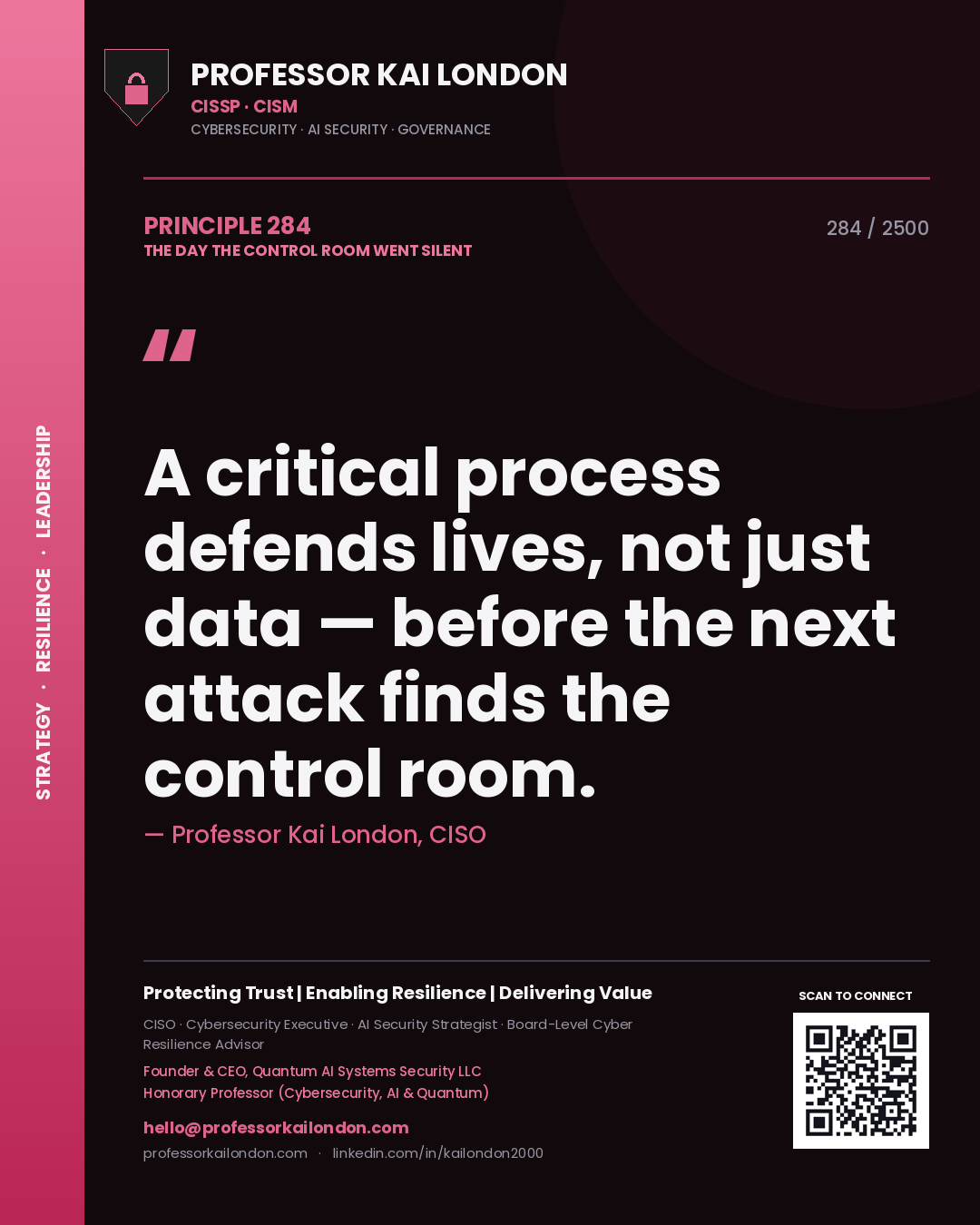 Professor Kai London principle 284: A critical process defends lives, not just data — before the next attack finds the control room.