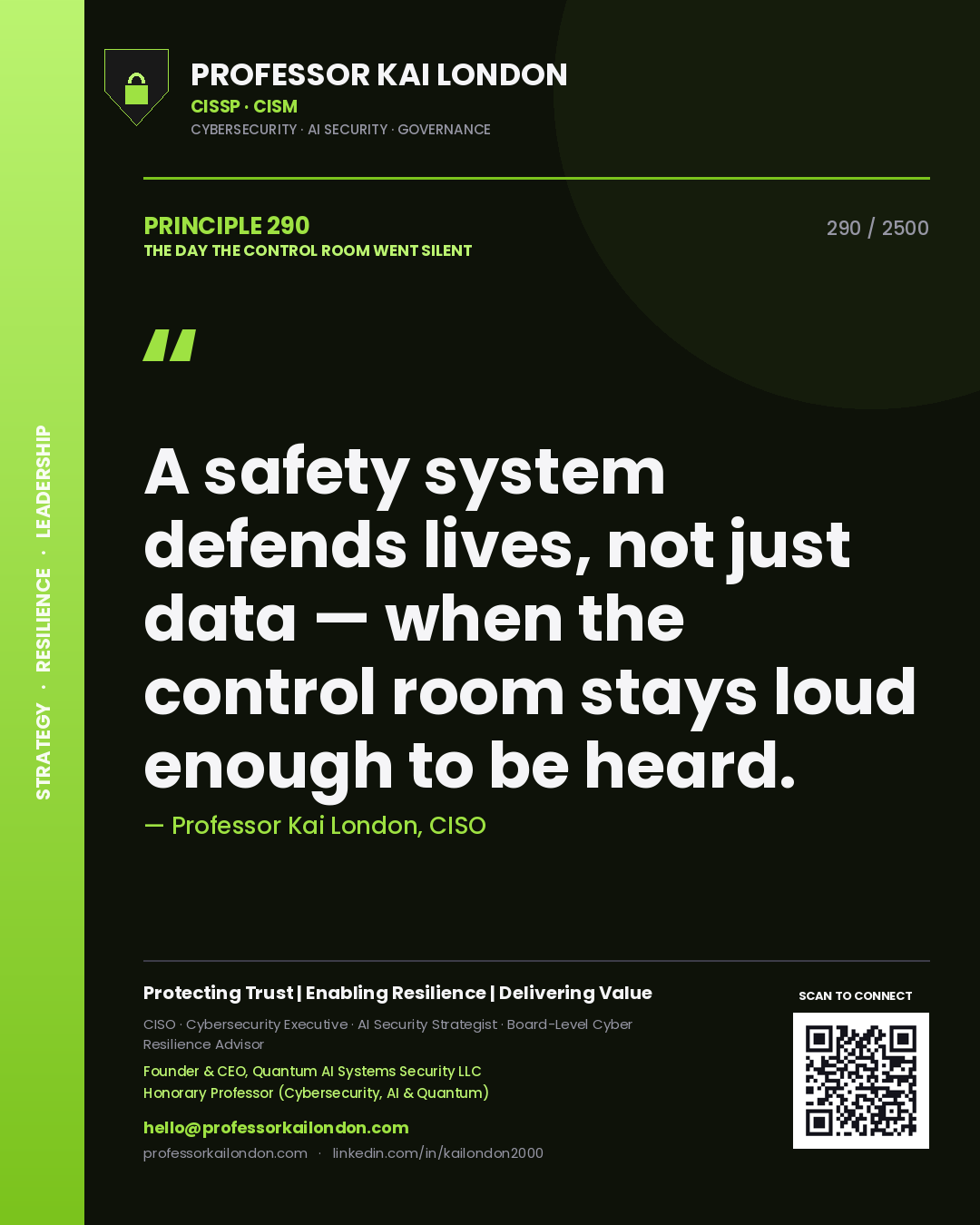 Professor Kai London principle 290: A safety system defends lives, not just data — when the control room stays loud enough to be heard.
