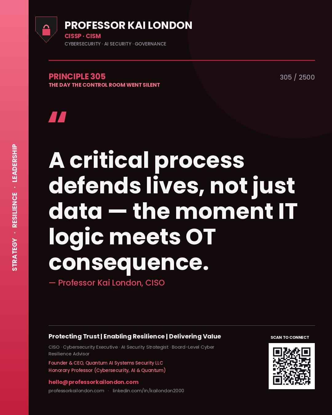 Quote card by Professor Kai London reading 'A critical process defends lives, not just data — the moment IT logic meets OT consequence.'. From the book The Day the Control Room Went Silent.