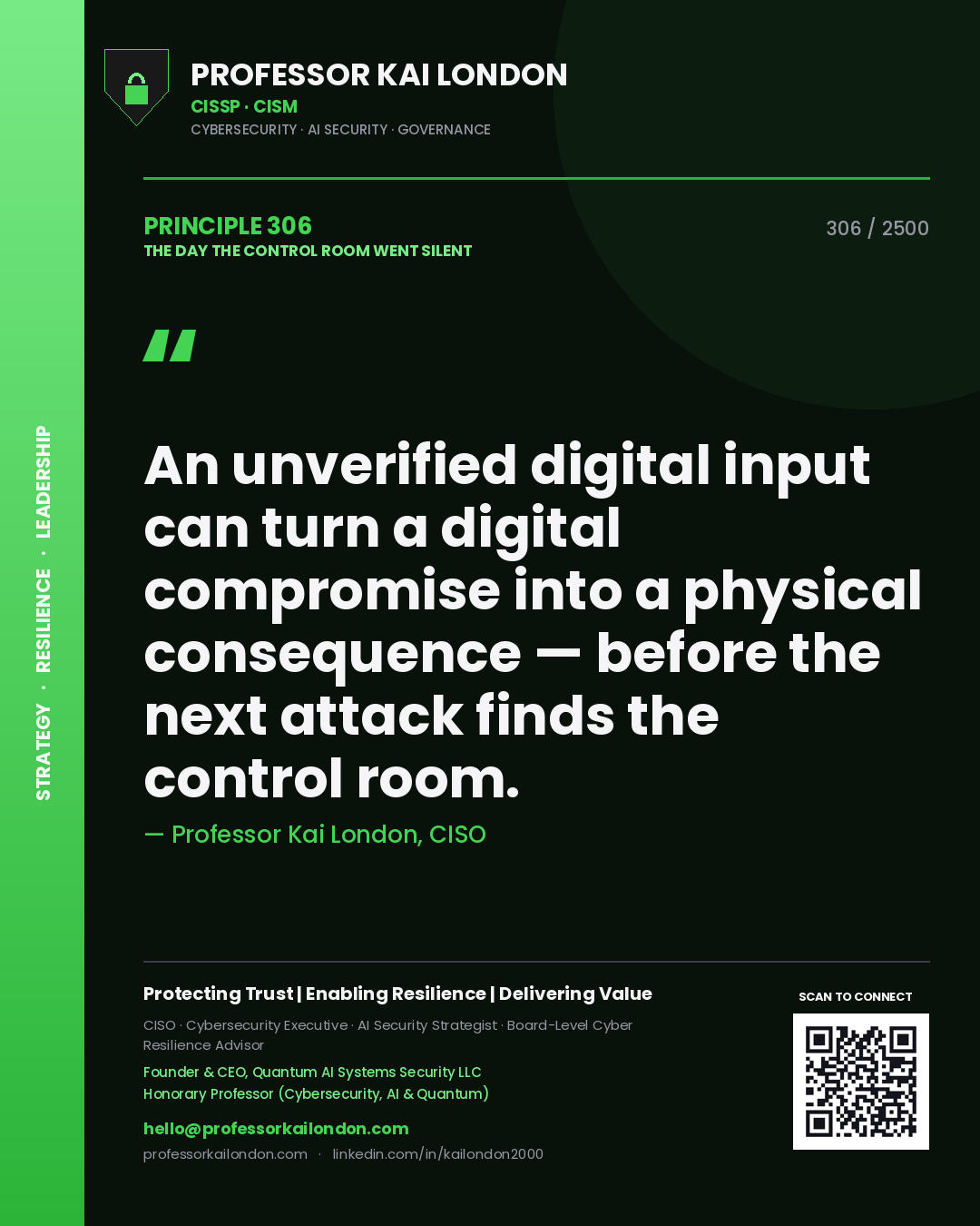 Quote card by Professor Kai London reading 'An unverified digital input can turn a digital compromise into a physical consequence — before the next attack finds the control room.'. From the book The Day the Control Room Went Silent.
