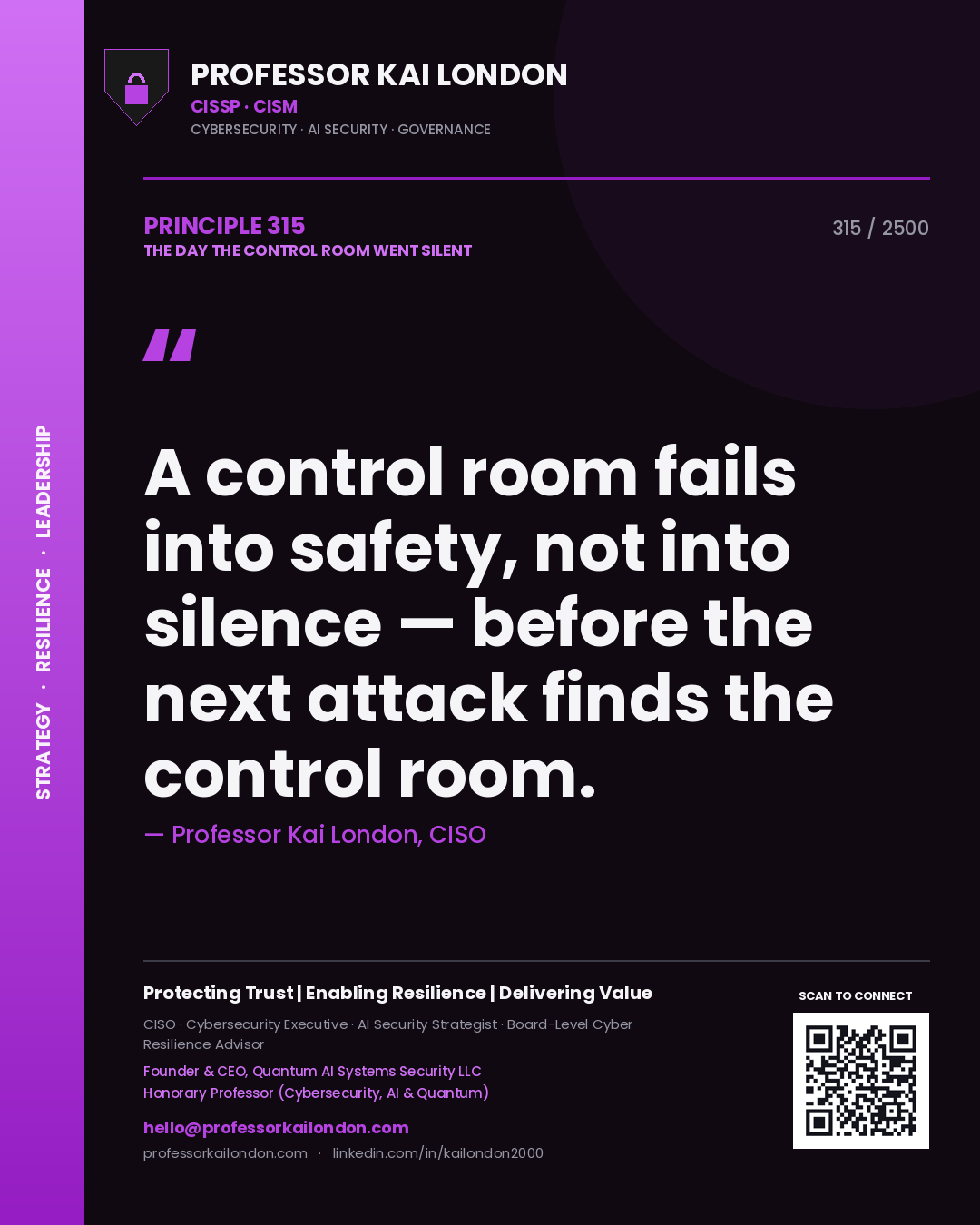 Professor Kai London principle 315: A control room fails into safety, not into silence — before the next attack finds the control room.