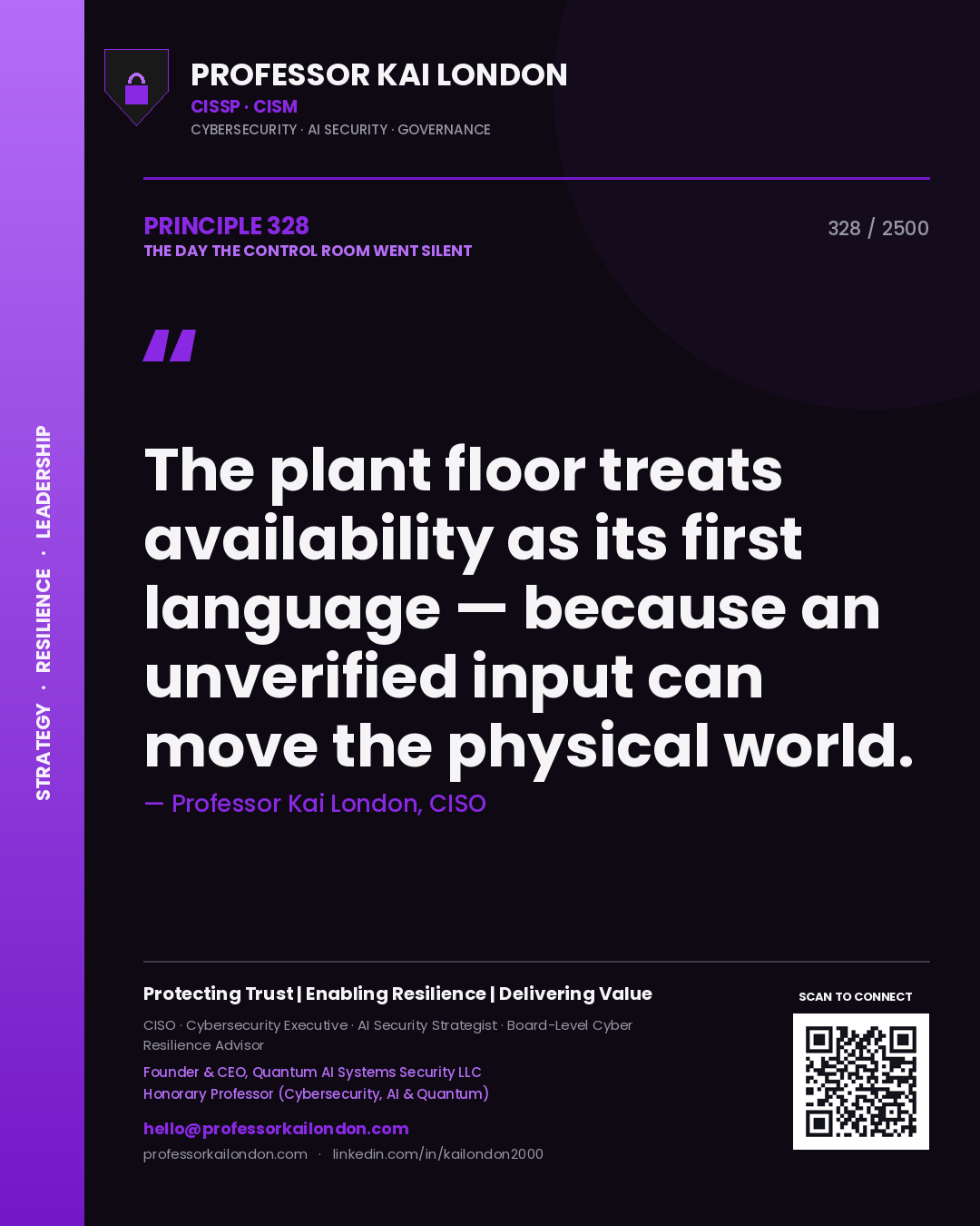 Professor Kai London principle 328: The plant floor treats availability as its first language — because an unverified input can move the physical world.