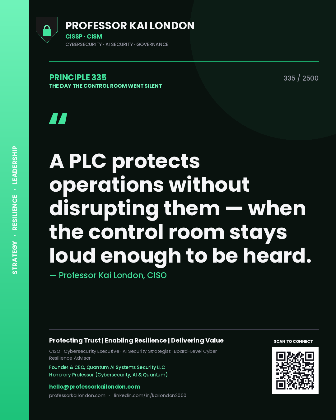 Professor Kai London principle 335: A PLC protects operations without disrupting them — when the control room stays loud enough to be heard.