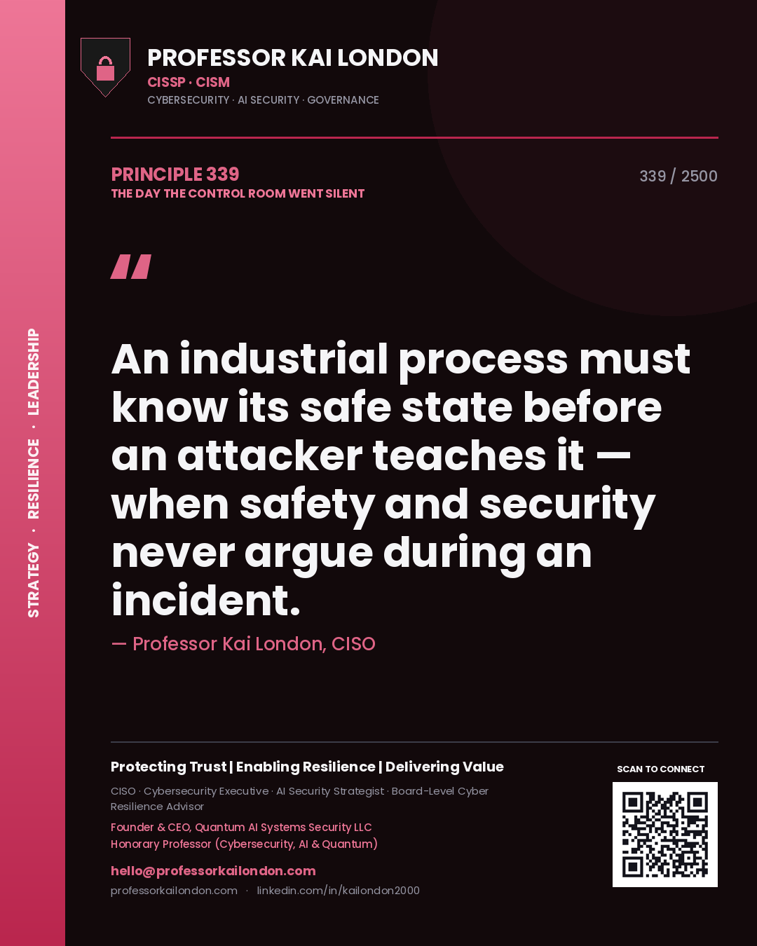 Quote card by Professor Kai London reading 'An industrial process must know its safe state before an attacker teaches it — when safety and security never argue during an incident.'. From the book The Day the Control Room Went Silent.