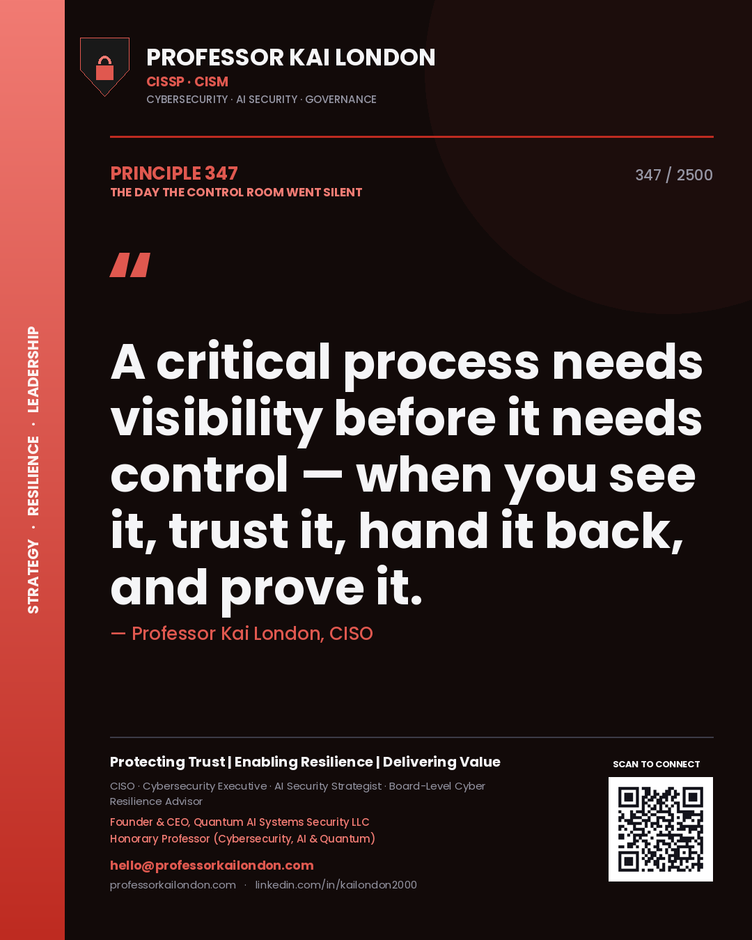 Professor Kai London principle 347: A critical process needs visibility before it needs control — when you see it, trust it, hand it back, and prove it.