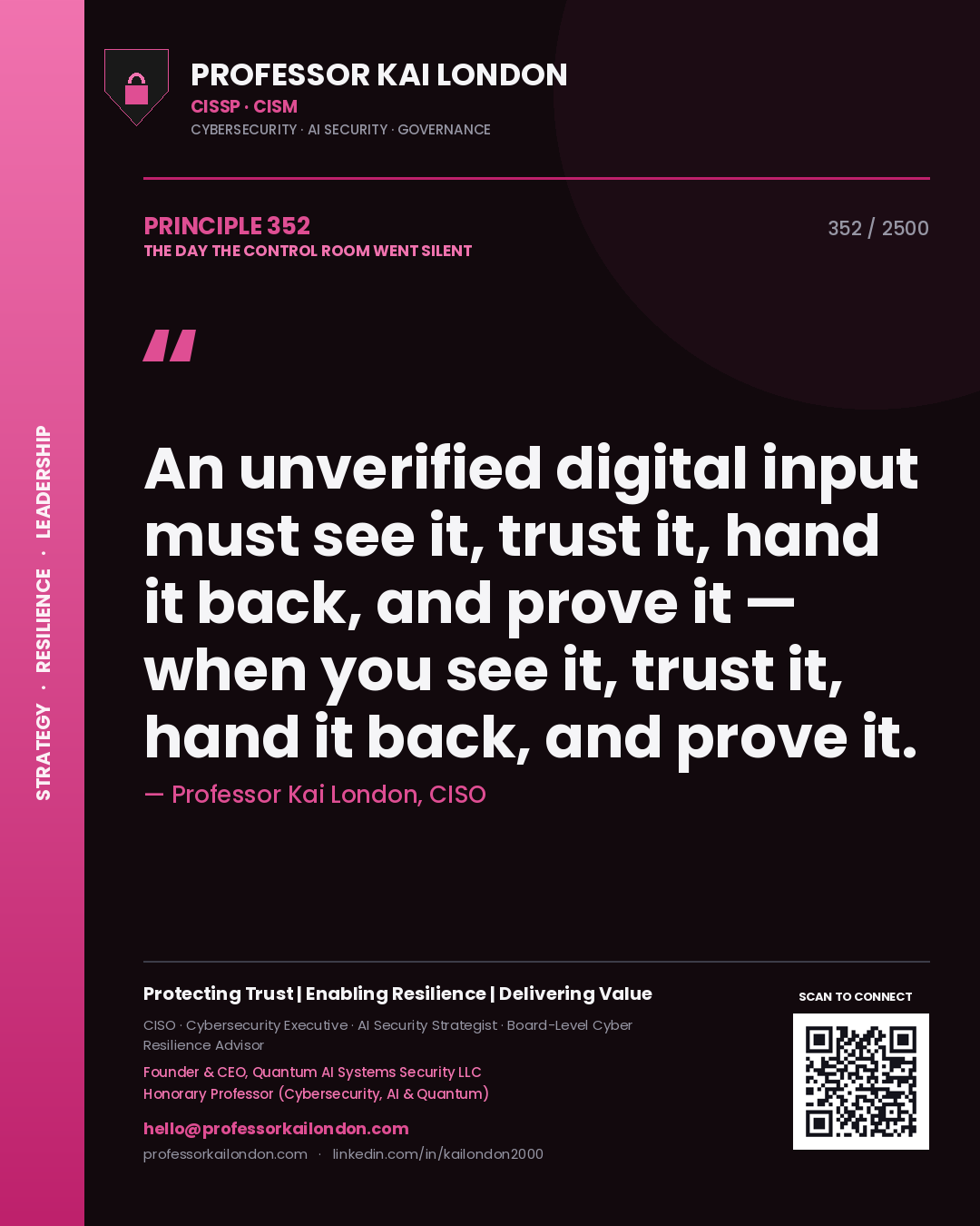 Quote card by Professor Kai London reading 'An unverified digital input must see it, trust it, hand it back, and prove it — when you see it, trust it, hand it back, and prove it.'. From the book The Day the Control Room Went Silent.