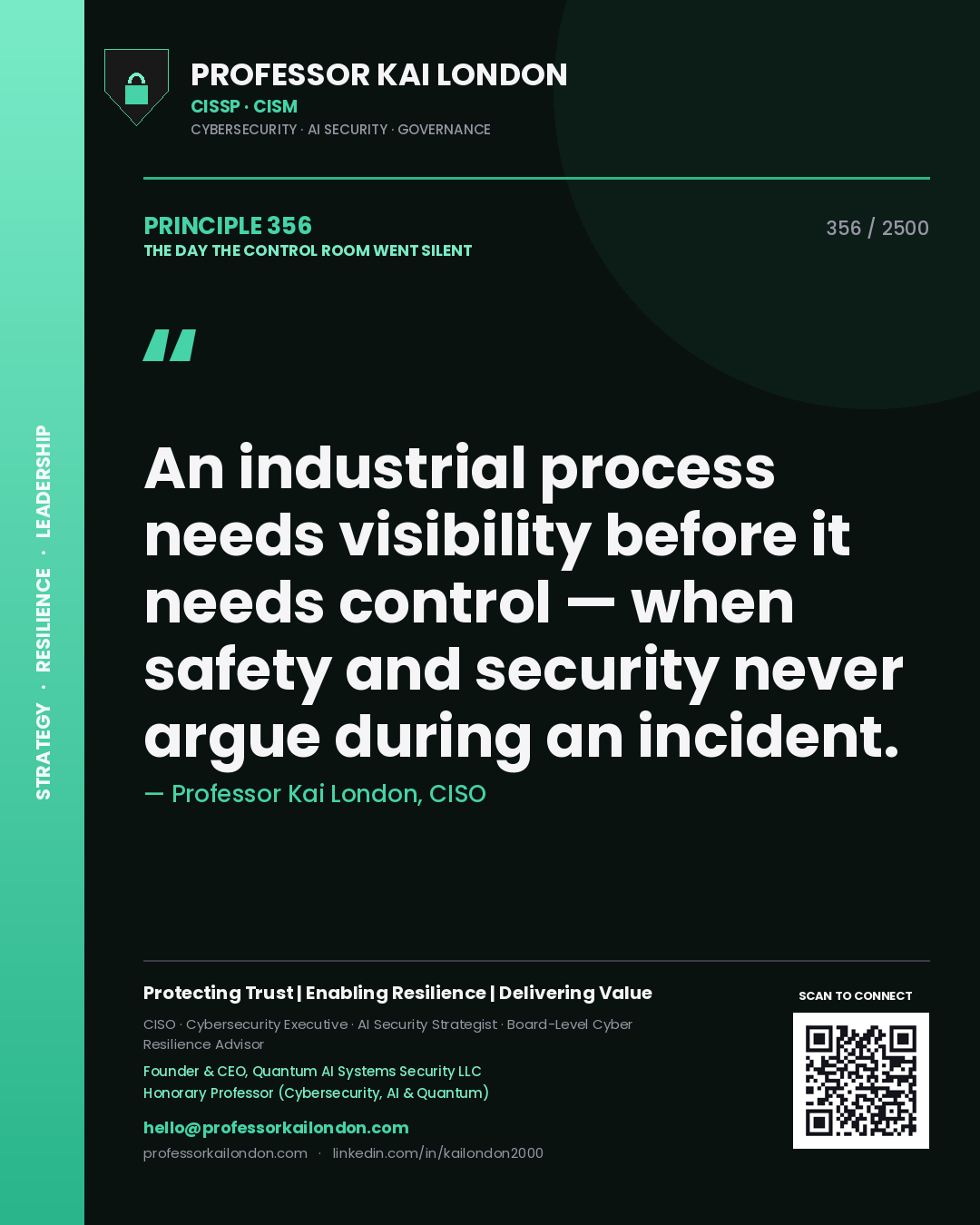 Quote card by Professor Kai London reading 'An industrial process needs visibility before it needs control — when safety and security never argue during an incident.'. From the book The Day the Control Room Went Silent.