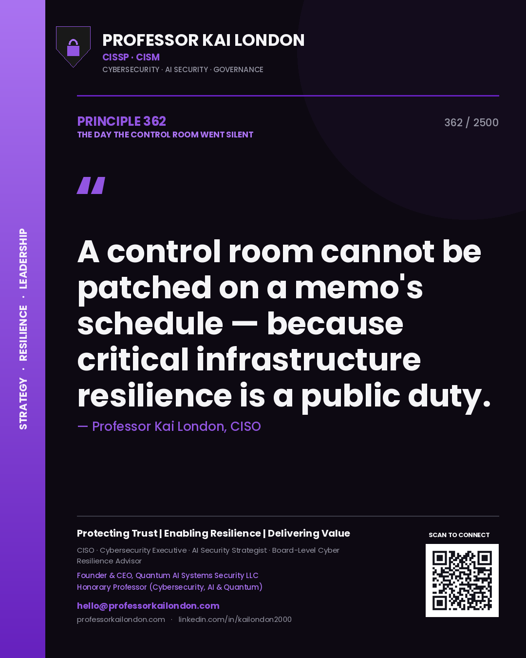 Quote card by Professor Kai London reading 'A control room cannot be patched on a memo's schedule — because critical infrastructure resilience is a public duty.'. From the book The Day the Control Room Went Silent.