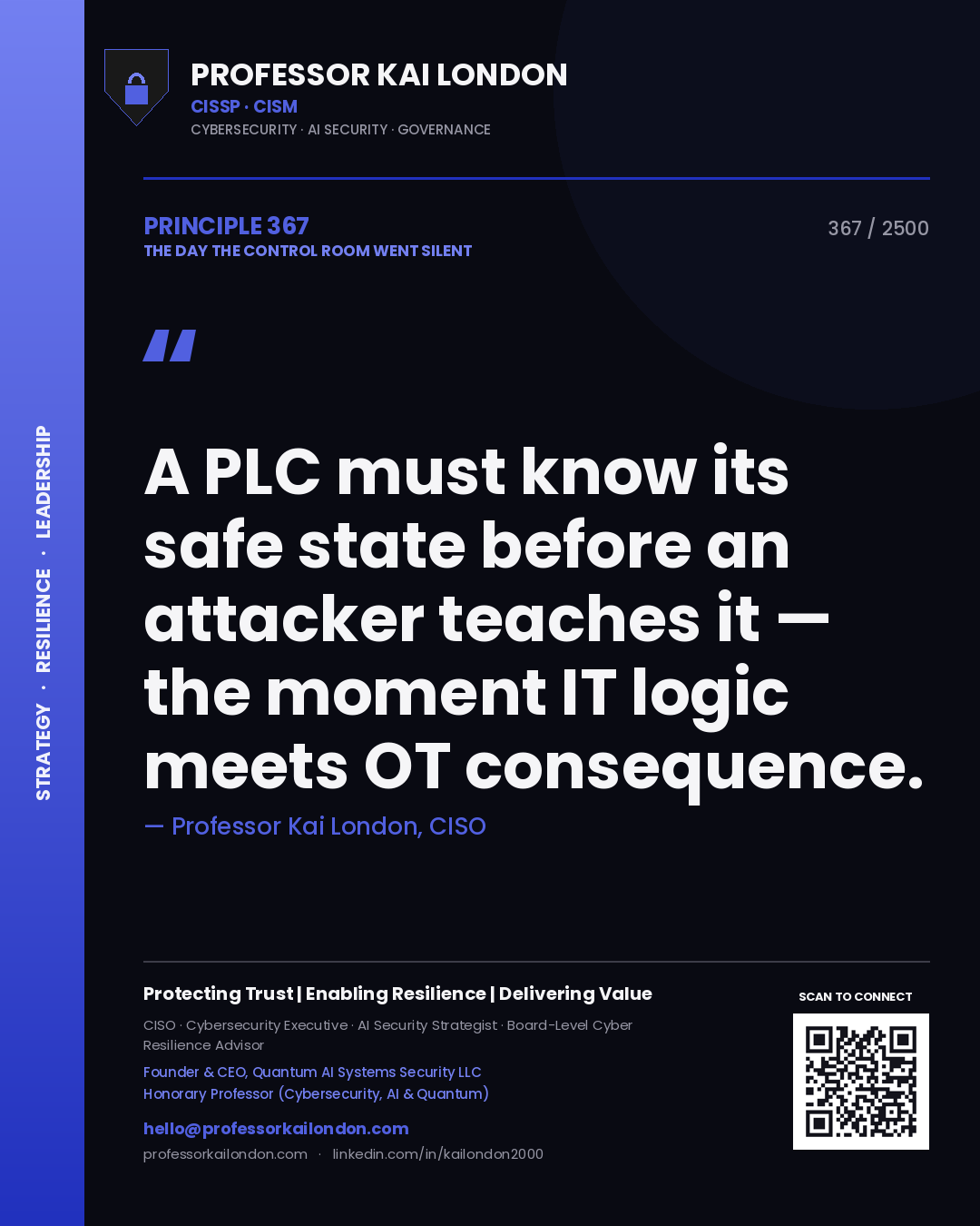 Professor Kai London principle 367: A PLC must know its safe state before an attacker teaches it — the moment IT logic meets OT consequence.