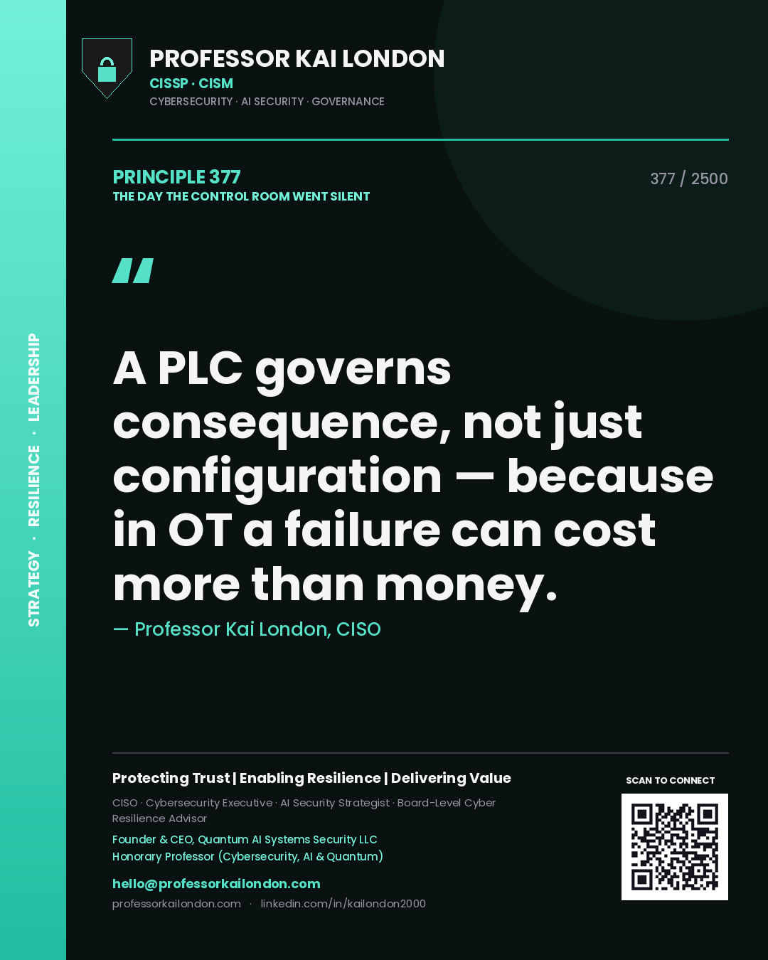 Professor Kai London principle 377: A PLC governs consequence, not just configuration — because in OT a failure can cost more than money.