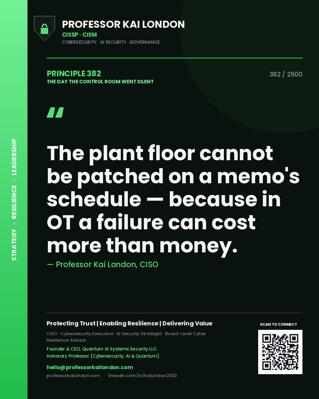 Professor Kai London principle 382: The plant floor cannot be patched on a memo's schedule — because in OT a failure can cost more than money.
