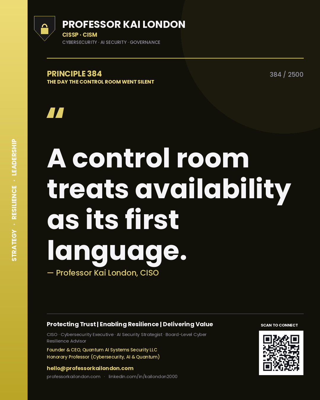 Quote card by Professor Kai London reading 'A control room treats availability as its first language.'. From the book The Day the Control Room Went Silent.