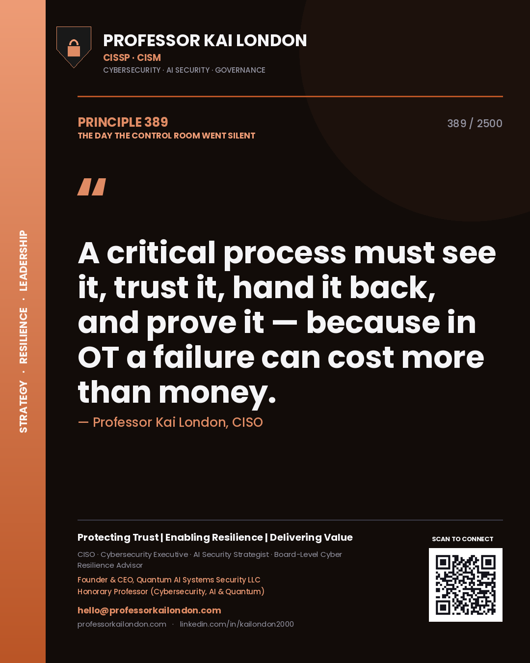 Professor Kai London principle 389: A critical process must see it, trust it, hand it back, and prove it — because in OT a failure can cost more than money.