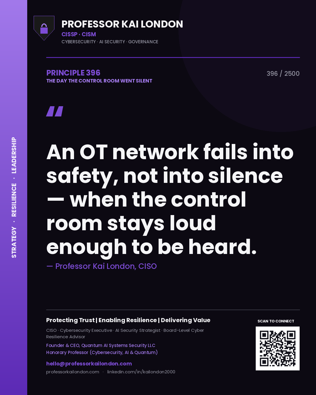 Quote card by Professor Kai London reading 'An OT network fails into safety, not into silence — when the control room stays loud enough to be heard.'. From the book The Day the Control Room Went Silent.