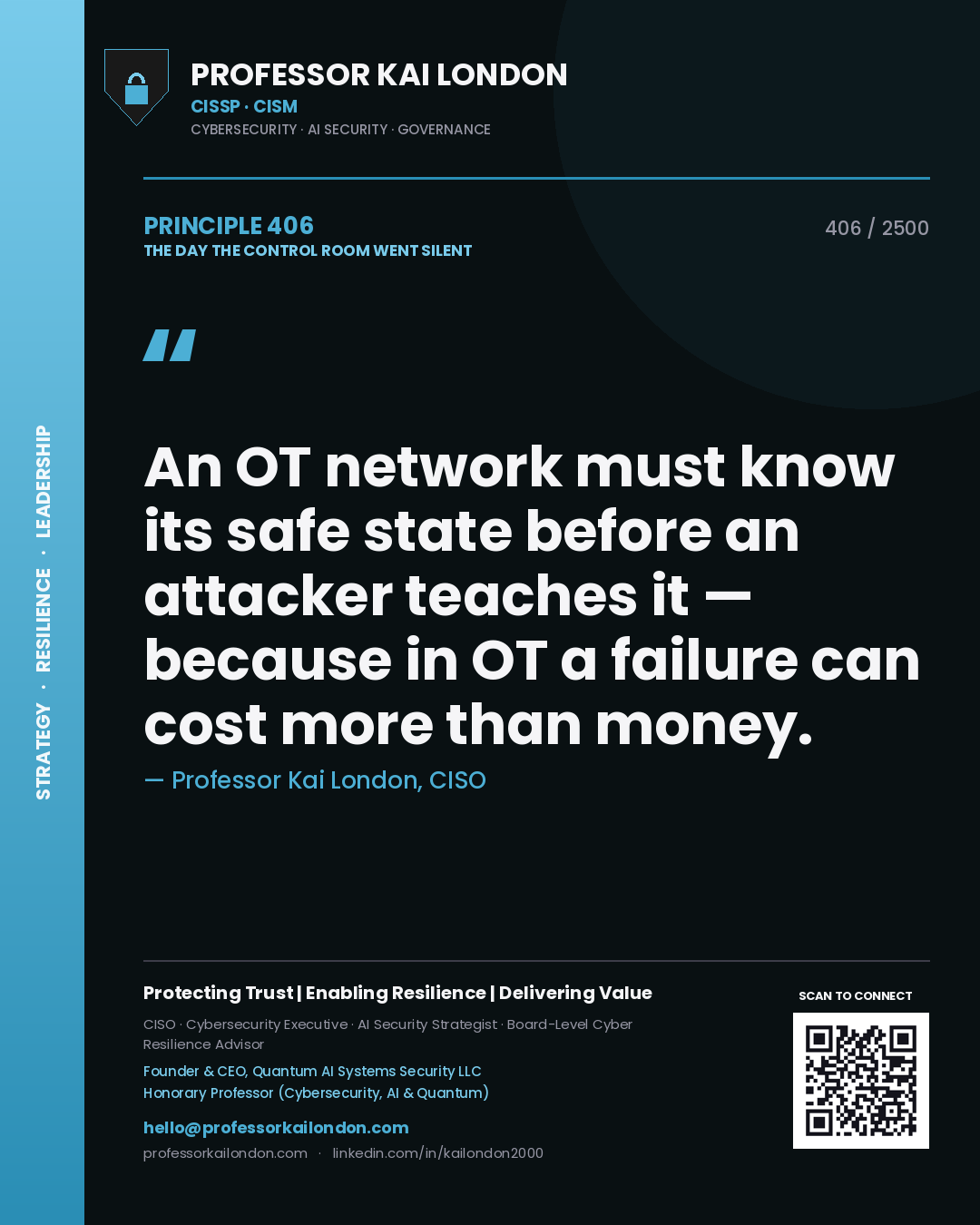 Professor Kai London principle 406: An OT network must know its safe state before an attacker teaches it — because in OT a failure can cost more than money.