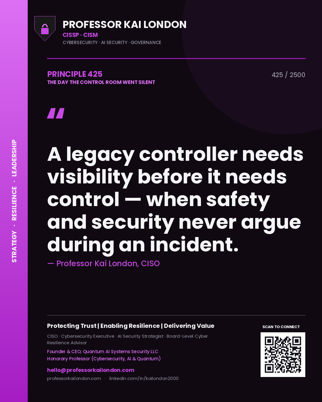 Quote card by Professor Kai London reading 'A legacy controller needs visibility before it needs control — when safety and security never argue during an incident.'. From the book The Day the Control Room Went Silent.