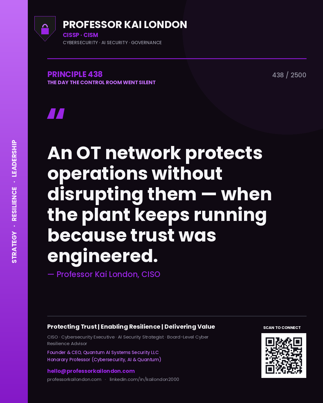 Quote card by Professor Kai London reading 'An OT network protects operations without disrupting them — when the plant keeps running because trust was engineered.'. From the book The Day the Control Room Went Silent.