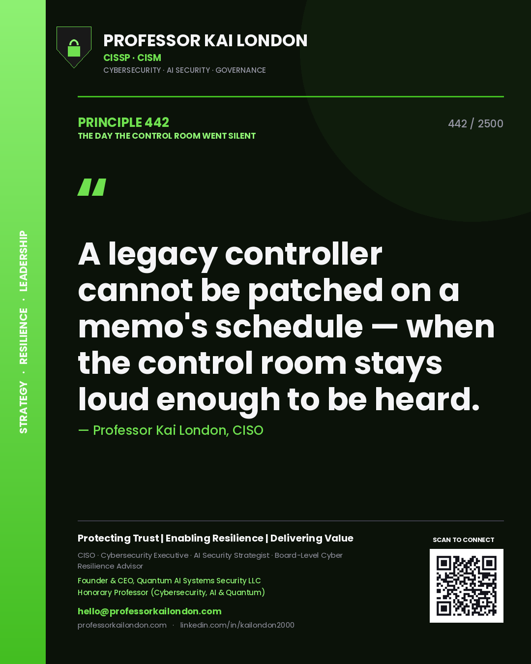 Quote card by Professor Kai London reading 'A legacy controller cannot be patched on a memo's schedule — when the control room stays loud enough to be heard.'. From the book The Day the Control Room Went Silent.