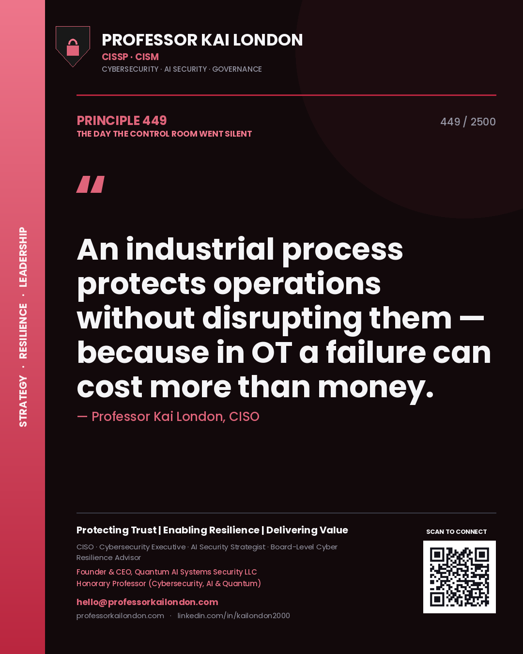 Quote card by Professor Kai London reading 'An industrial process protects operations without disrupting them — because in OT a failure can cost more than money.'. From the book The Day the Control Room Went Silent.