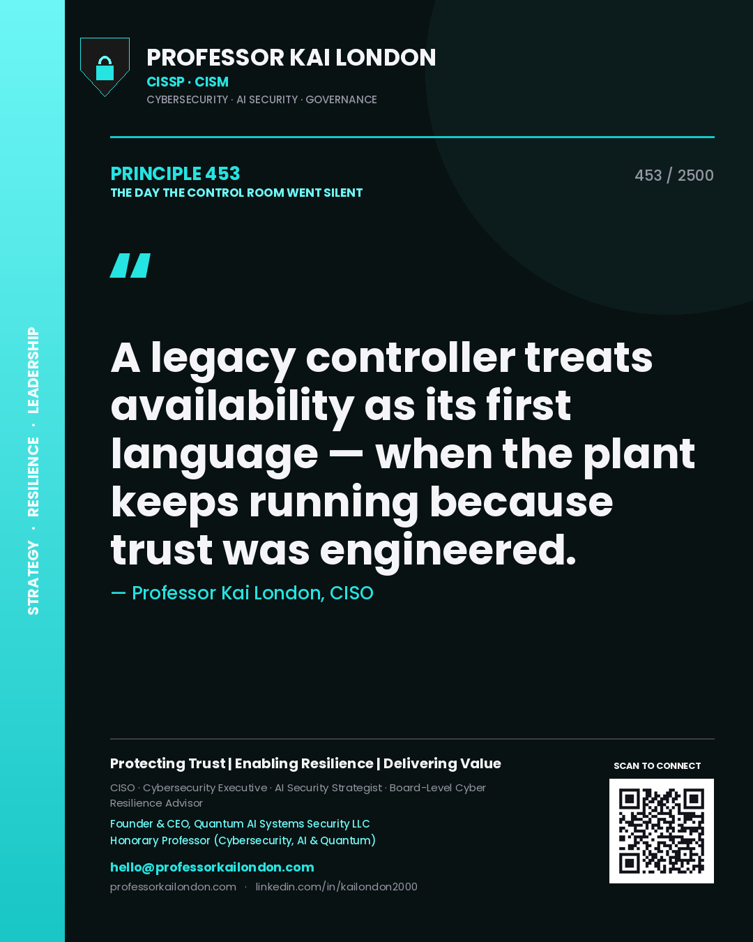 Professor Kai London principle 453: A legacy controller treats availability as its first language — when the plant keeps running because trust was engineered.