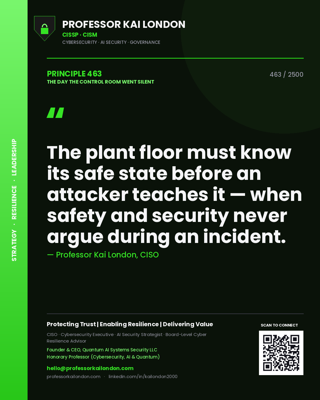 Professor Kai London principle 463: The plant floor must know its safe state before an attacker teaches it — when safety and security never argue during an incident.