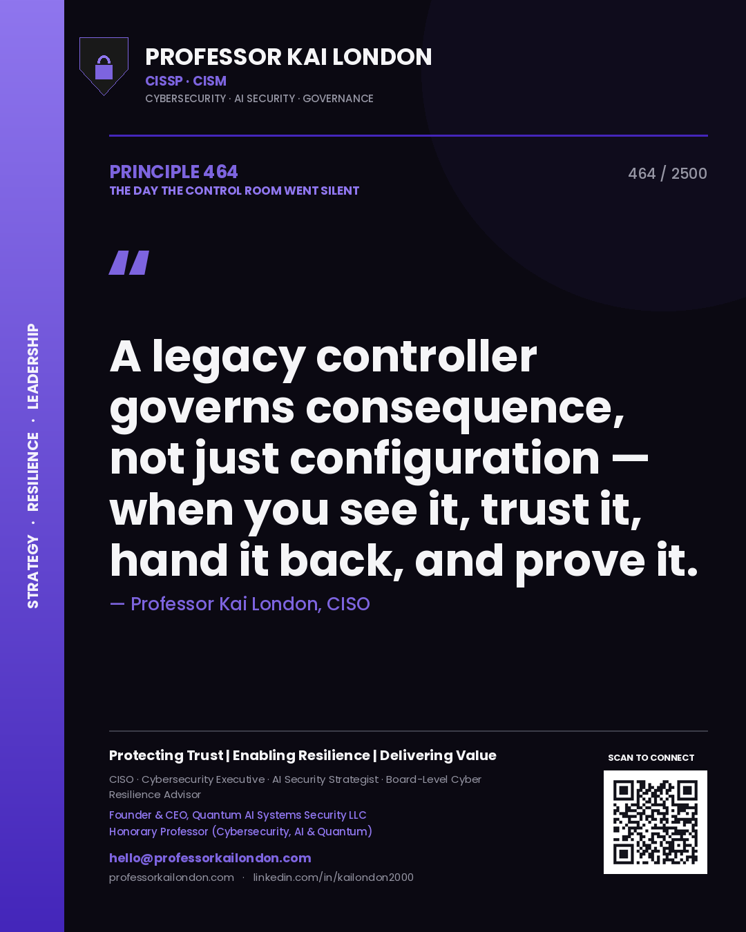 Quote card by Professor Kai London reading 'A legacy controller governs consequence, not just configuration — when you see it, trust it, hand it back, and prove it.'. From the book The Day the Control Room Went Silent.
