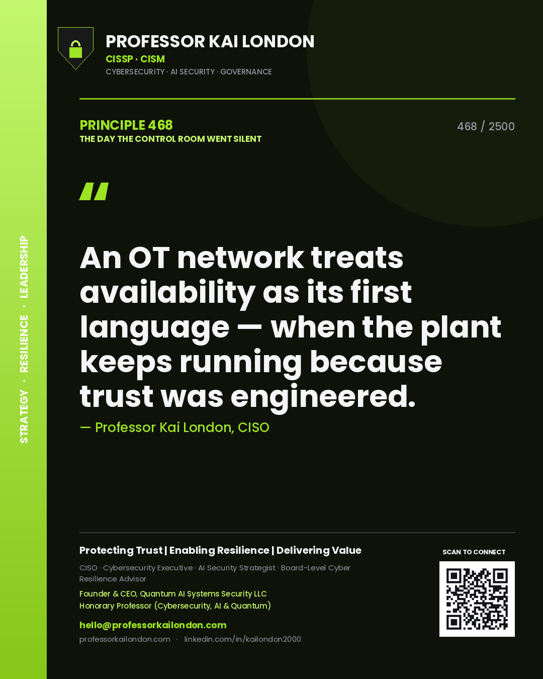 Quote card by Professor Kai London reading 'An OT network treats availability as its first language — when the plant keeps running because trust was engineered.'. From the book The Day the Control Room Went Silent.