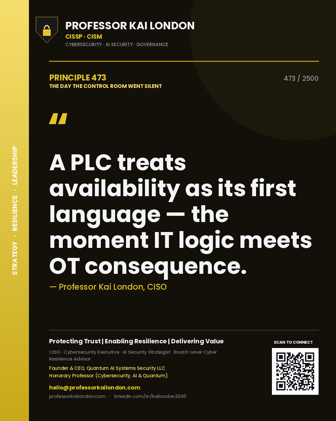 Professor Kai London principle 473: A PLC treats availability as its first language — the moment IT logic meets OT consequence.