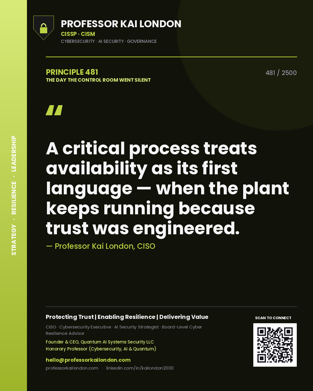 Professor Kai London principle 481: A critical process treats availability as its first language — when the plant keeps running because trust was engineered.