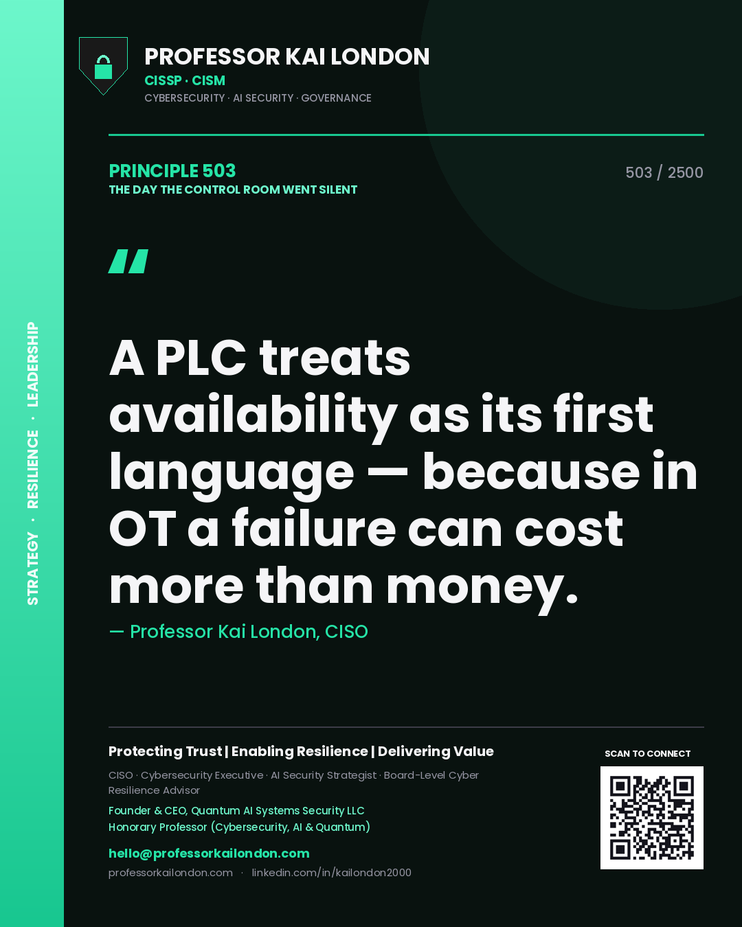 Professor Kai London principle 503: A PLC treats availability as its first language — because in OT a failure can cost more than money.