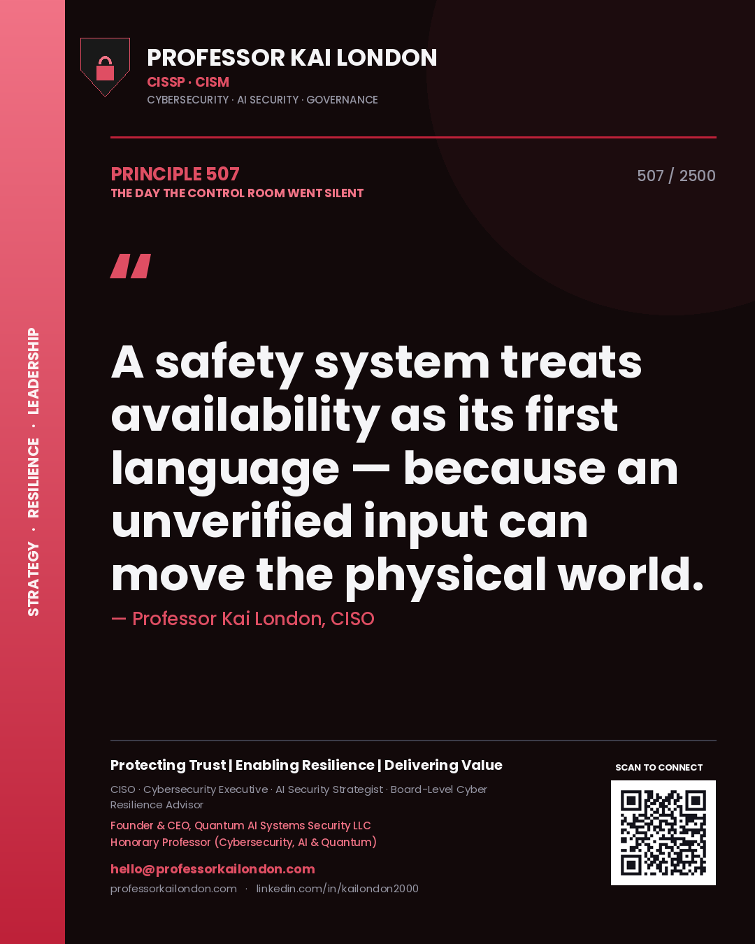 Quote card by Professor Kai London reading 'A safety system treats availability as its first language — because an unverified input can move the physical world.'. From the book The Day the Control Room Went Silent.