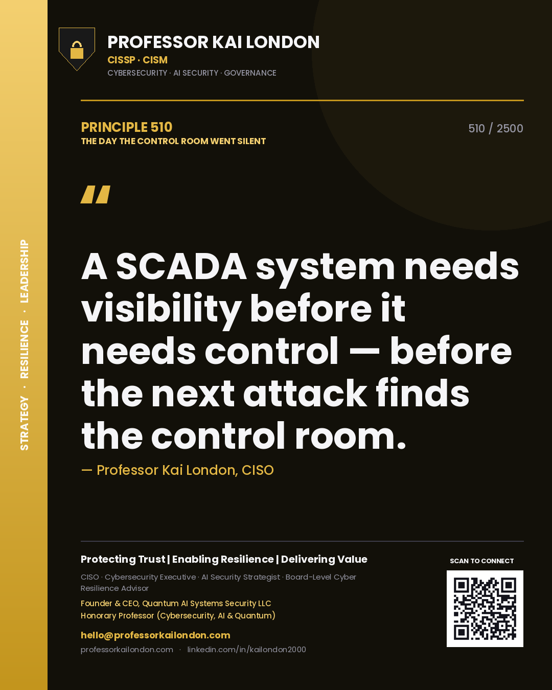 Quote card by Professor Kai London reading 'A SCADA system needs visibility before it needs control — before the next attack finds the control room.'. From the book The Day the Control Room Went Silent.