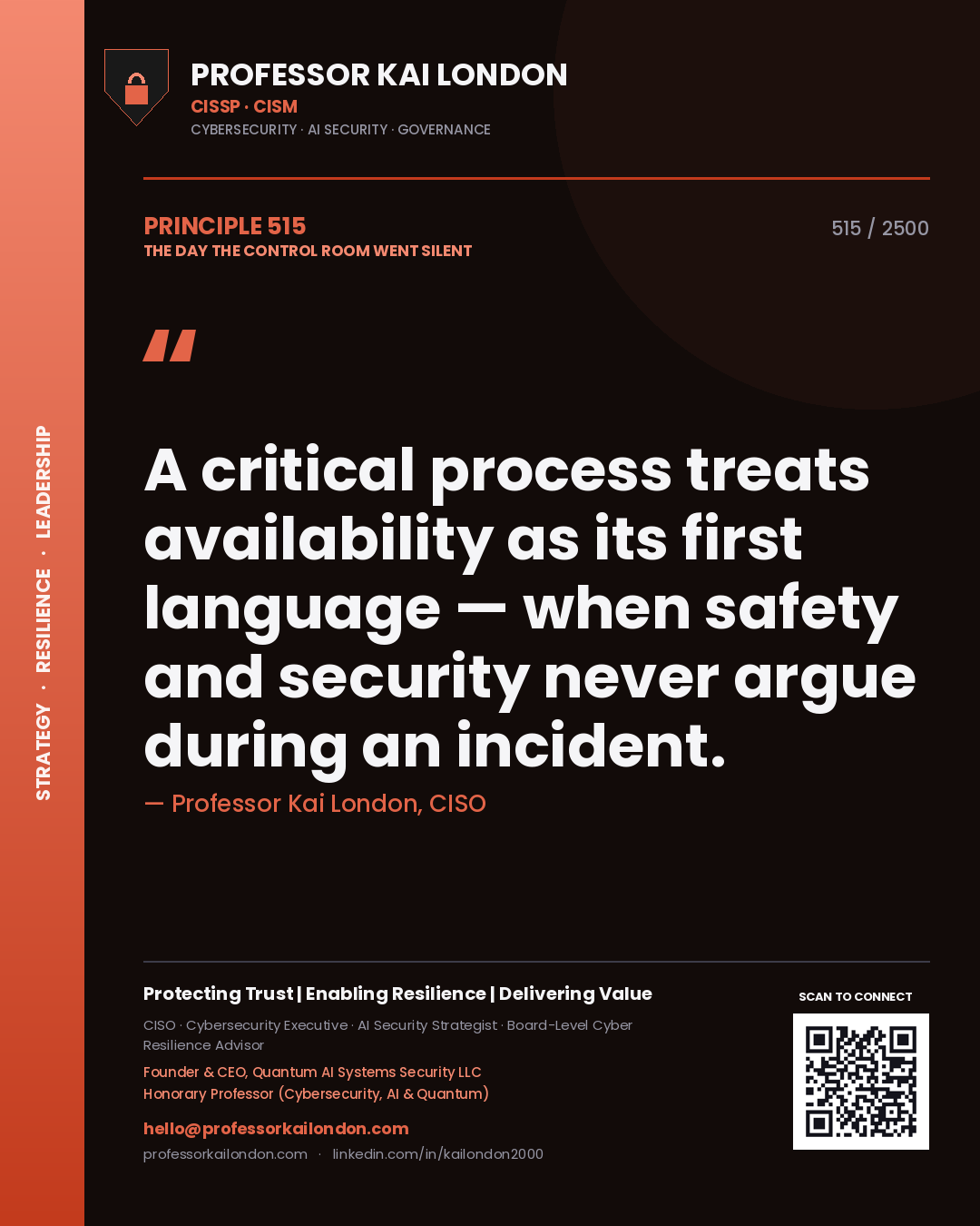 Quote card by Professor Kai London reading 'A critical process treats availability as its first language — when safety and security never argue during an incident.'. From the book The Day the Control Room Went Silent.