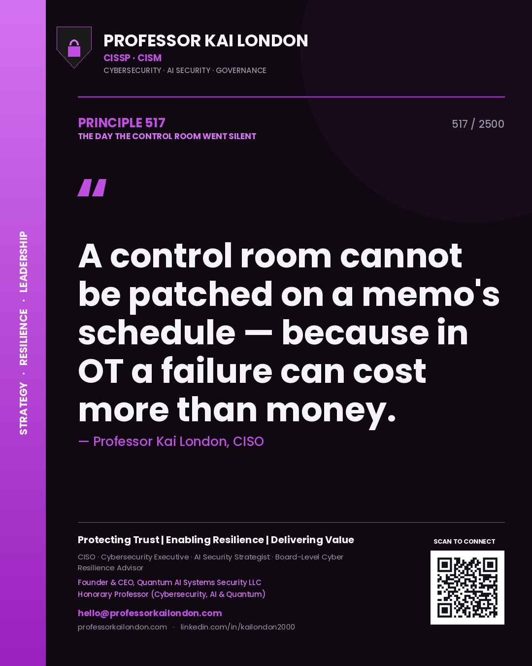 Quote card by Professor Kai London reading 'A control room cannot be patched on a memo's schedule — because in OT a failure can cost more than money.'. From the book The Day the Control Room Went Silent.