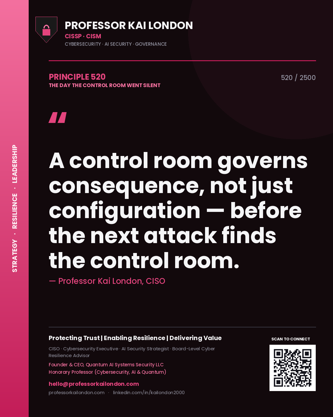Professor Kai London principle 520: A control room governs consequence, not just configuration — before the next attack finds the control room.