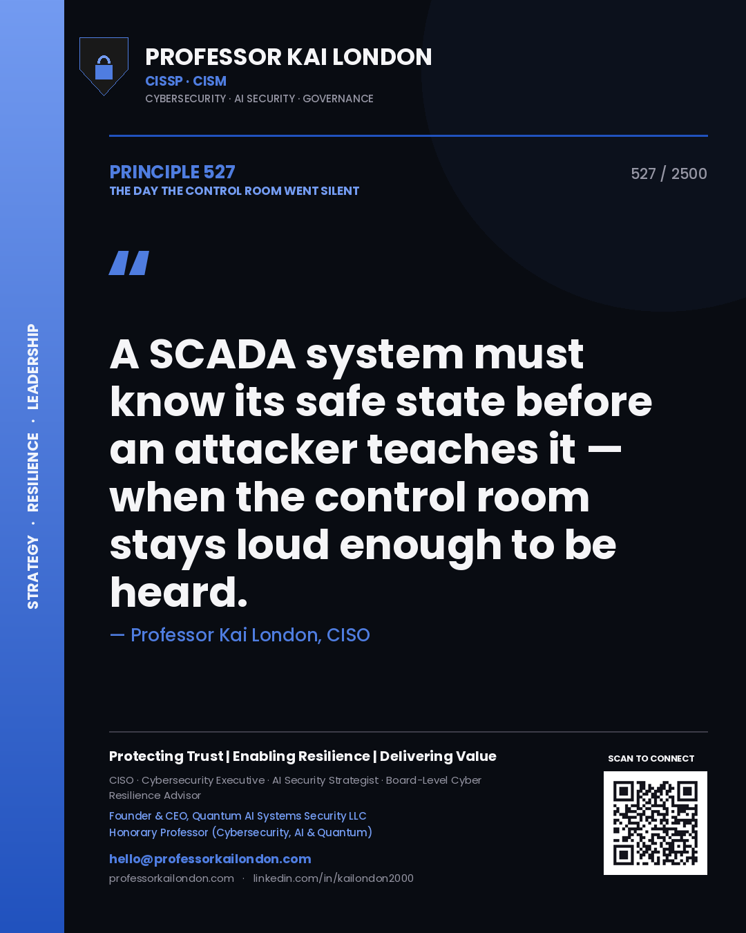 Quote card by Professor Kai London reading 'A SCADA system must know its safe state before an attacker teaches it — when the control room stays loud enough to be heard.'. From the book The Day the Control Room Went Silent.