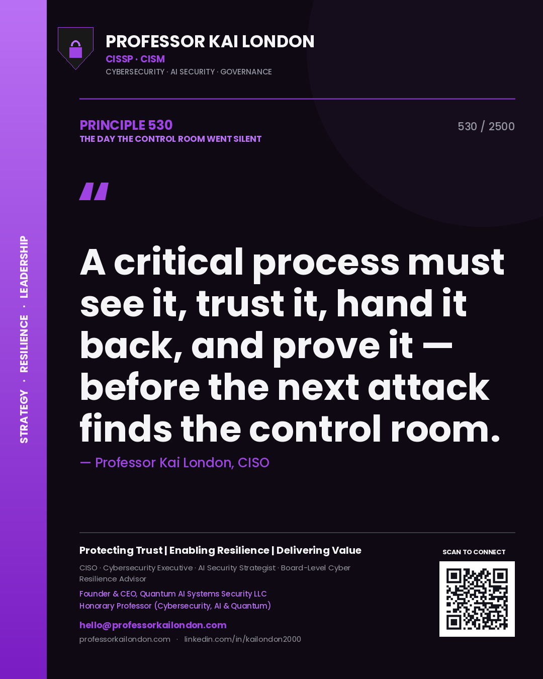 Professor Kai London principle 530: A critical process must see it, trust it, hand it back, and prove it — before the next attack finds the control room.