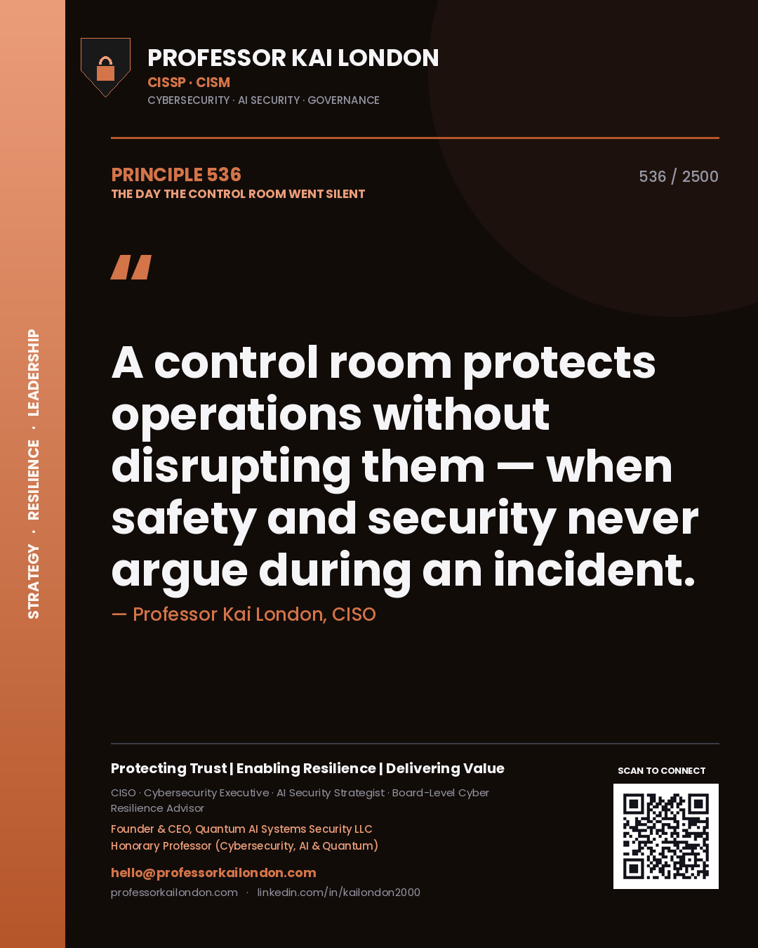 Quote card by Professor Kai London reading 'A control room protects operations without disrupting them — when safety and security never argue during an incident.'. From the book The Day the Control Room Went Silent.