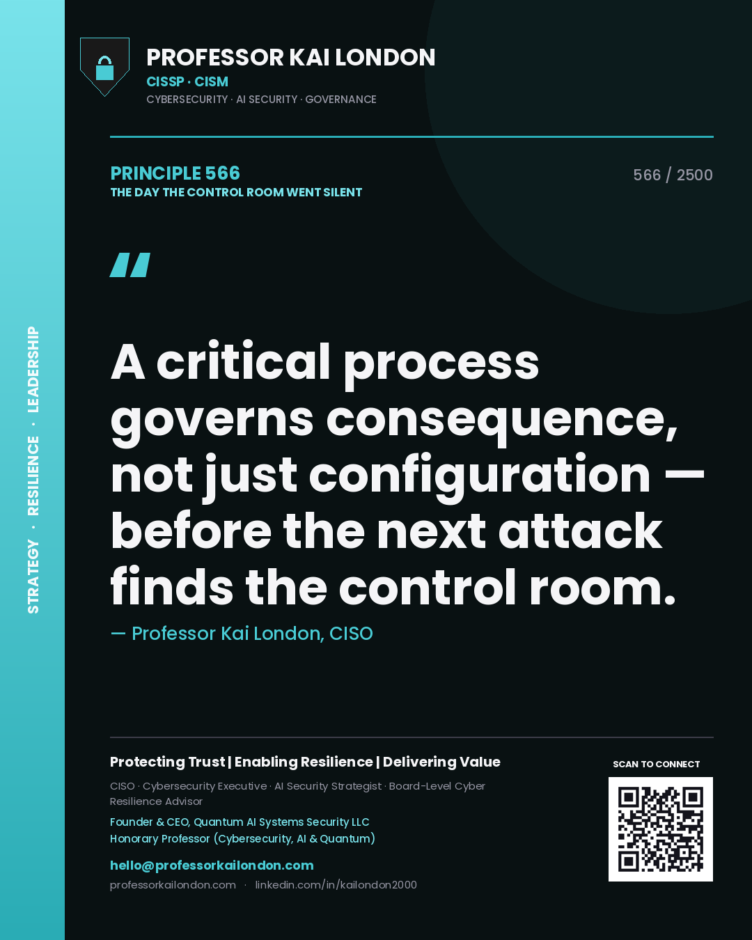 Quote card by Professor Kai London reading 'A critical process governs consequence, not just configuration — before the next attack finds the control room.'. From the book The Day the Control Room Went Silent.